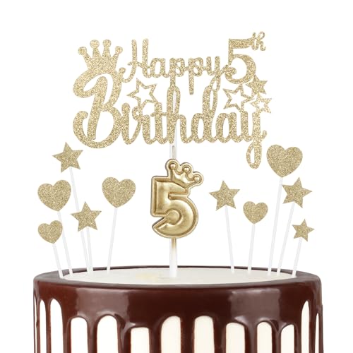 mciskin 5th Happy Birthday Kerzen Cake Toppers Krone Nummer 5 Kerze für Kuchen Mädchen 5 Geburtstag Dekorationen Kuchen Kerzen Kuchen Topper für Baby Geburtstag Party Hochzeitstag (Champagner Gold) von mciskin