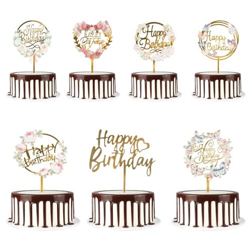 mciskin 7 Stück Happy Birthday Cake Topper, Acryl Cake Topper, Gold Cupcake Topper, Cake Toppers for Women,Cake Flowers for Party Supplies, Flowers Cake Toppers Decoration for Children or Adults von mciskin
