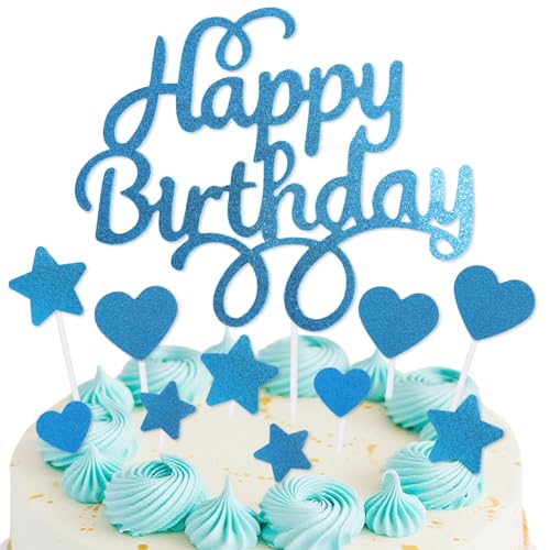 mciskin Blaue Happy Birthday-Kuchendekoration für Kuchen, blaue Geburtstagsdekorationen, Mädchen und Jungen, personalisierte Kuchendekoration für Männer und Frauen, glitzernde Kuchendekoration für von mciskin