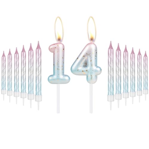 mciskin Geburtstagskerzen-Set "Happy 14th Birthday", mit rosafarbener und blauer Spiralkerze für Kuchen, bunter Kuchenaufsatz zum 14. Geburtstag, für Mädchen, Jungen, Geburtstagsparty, rosa und blau, von mciskin