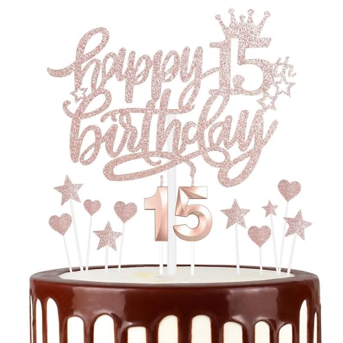 mciskin Geburtstagskerzen zum 15. Geburtstag für Mädchen, Zahl 15, Kerze für Kuchen, Roségold-Kerzen für Frauen, Geburtstagsdekorationen, Herz-Stern-Kuchenaufsätze für 15. Geburtstag, Party, von mciskin