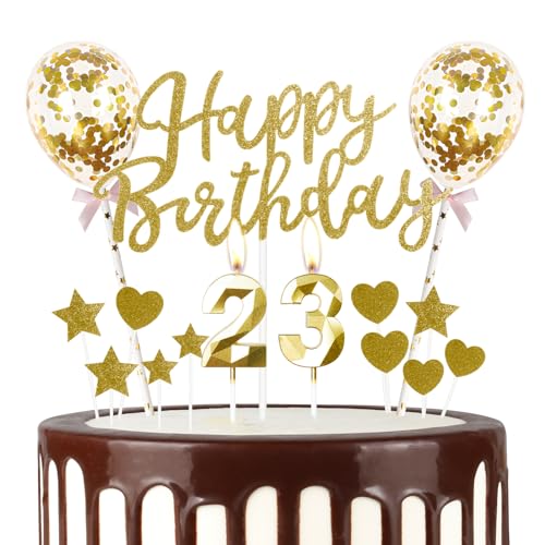 mciskin Gold Happy 23th Birthday Kerzen mit Glitzer Happy Birthday Cake Topper Gold Happy Birthday Luftballons Zahl 23 Kerzen für Kuchen Gold Kerzen Kuchen Topper für Mädchen Fra, LZTZJS23 von mciskin
