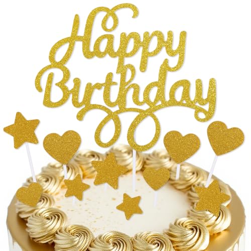 mciskin Goldene Kuchendekoration "Happy Birthday" für Kuchen, goldene Geburtstagsdekorationen, Mädchen und Jungen, personalisierte Kuchendekoration für Männer und Frauen, glitzernde Kuchendekoration von mciskin
