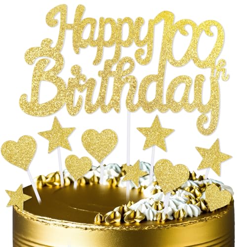 mciskin Goldene Kuchendekoration zum 100. Geburtstag, Dekoration für Männer und Frauen, goldene Kuchendekorationen, personalisierte Cupcake-Topper mit Herz-Stern für Mädchen, Jungen, Frauen, Männer von mciskin