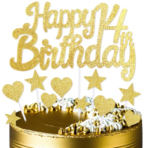 mciskin Goldene Kuchendekoration zum 14. Geburtstag, Dekoration für Jungen und Mädchen, goldene Kuchendekorationen, personalisierte Cupcake-Topper mit Herz-Stern für Mädchen, Jungen, Frauen, Männer von mciskin