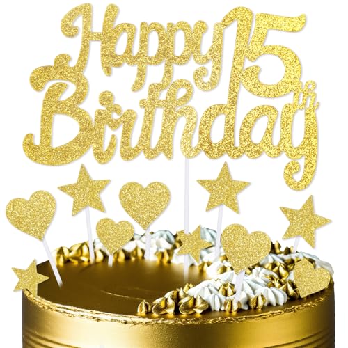 mciskin Goldene Kuchendekoration zum 15. Geburtstag, Dekoration für Jungen und Mädchen, goldene Kuchendekorationen, personalisierte Cupcake-Topper mit Herz-Stern für Mädchen, Jungen, Frauen, Männer von mciskin