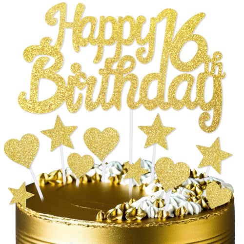 mciskin Goldene Kuchendekoration zum 16. Geburtstag, Dekoration für Jungen und Mädchen, goldene Kuchendekorationen, personalisierte Cupcake-Topper mit Herz-Stern für Mädchen, Jungen, Frauen, Männer von mciskin