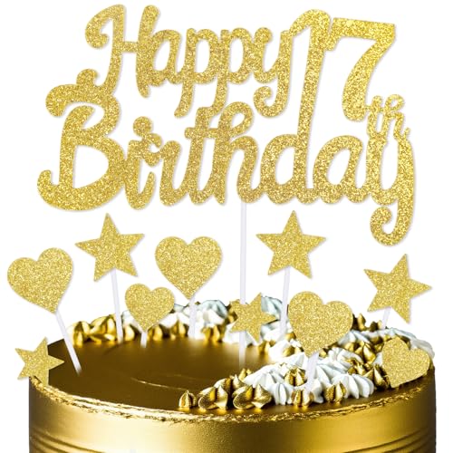mciskin Goldene Kuchendekoration zum 17. Geburtstag, Dekoration für Jungen und Mädchen, goldene Kuchendekorationen, personalisierte Cupcake-Topper mit Herz-Stern für Mädchen, Jungen, Frauen, Männer von mciskin
