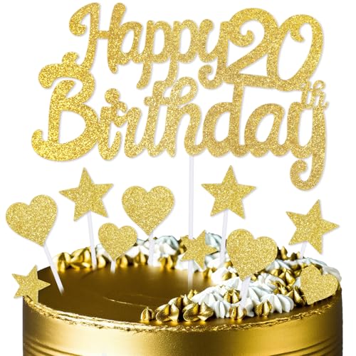 mciskin Goldene Kuchendekoration zum 20. Geburtstag, Dekoration für Jungen und Mädchen, goldene Kuchendekorationen, personalisierte Cupcake-Topper mit Herz-Stern für Mädchen, Jungen, Frauen, Männer von mciskin