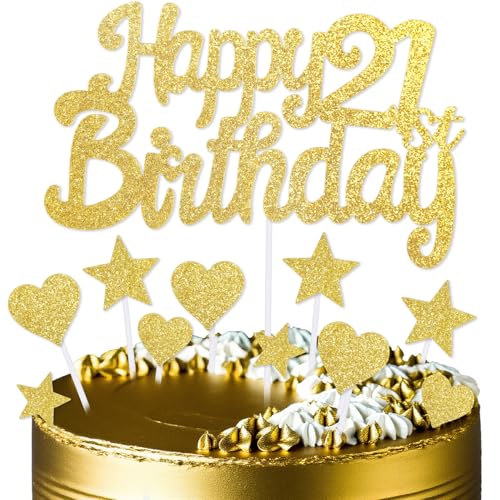 mciskin Goldene Kuchendekoration zum 21. Geburtstag, Dekoration für Jungen und Mädchen, goldene Kuchendekorationen, personalisierte Cupcake-Topper mit Herz-Stern für Mädchen, Jungen, Frauen, Männer von mciskin