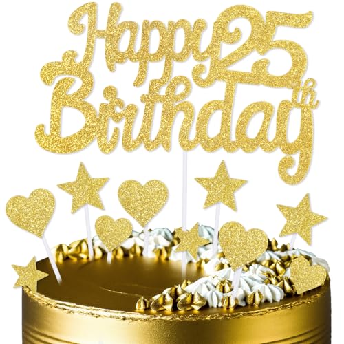 mciskin Goldene Kuchendekoration zum 25. Geburtstag, Dekoration für Jungen und Mädchen, goldene Kuchendekorationen, personalisierte Cupcake-Topper mit Herz-Stern für Mädchen, Jungen, Frauen, Männer von mciskin