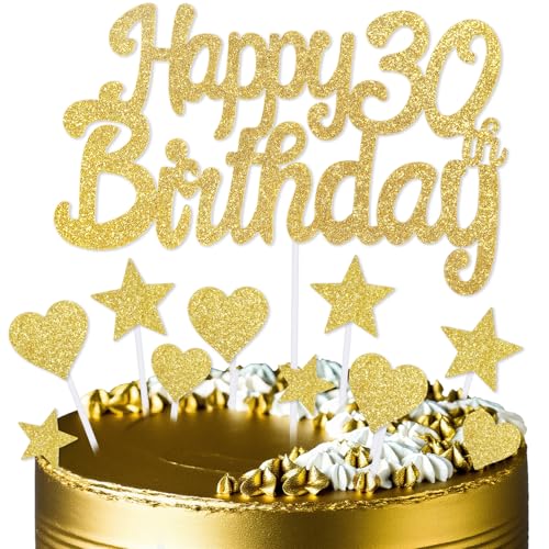 mciskin Goldene Kuchendekoration zum 30. Geburtstag, Dekoration für Männer und Frauen, goldene Kuchendekorationen, personalisierte Cupcake-Topper mit Herz-Stern für Mädchen, Jungen, Frauen, Männer von mciskin