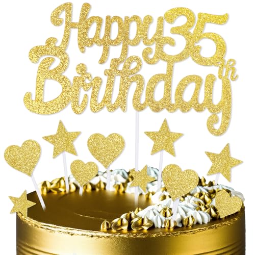 mciskin Goldene Kuchendekoration zum 35. Geburtstag, Dekoration für Männer und Frauen, goldene Kuchendekorationen, personalisierte Cupcake-Topper mit Herz-Stern für Mädchen, Jungen, Frauen, Männer von mciskin