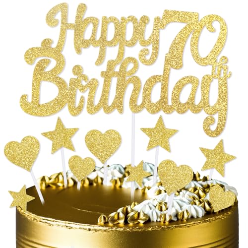 mciskin Goldene Kuchendekoration zum 70. Geburtstag, Dekoration für Männer und Frauen, goldene Kuchendekorationen, personalisierte Cupcake-Topper mit Herz-Stern für Mädchen, Jungen, Frauen, Männer von mciskin
