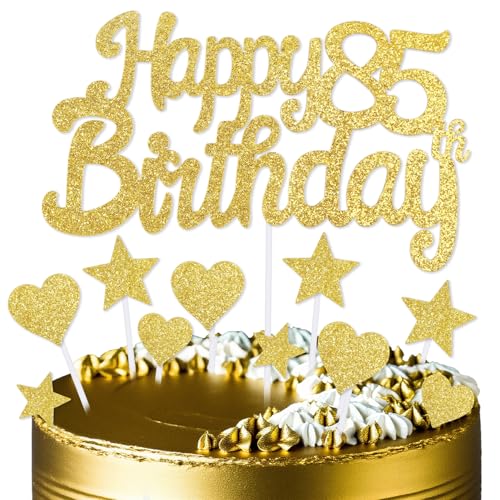 mciskin Goldene Kuchendekoration zum 85. Geburtstag, Dekoration für Männer und Frauen, goldene Kuchendekorationen, personalisierte Cupcake-Topper mit Herz-Stern für Mädchen, Jungen, Frauen, Männer von mciskin
