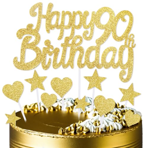 mciskin Goldene Kuchendekoration zum 90. Geburtstag, Dekoration für Männer und Frauen, goldene Kuchendekorationen, personalisierte Cupcake-Topper mit Herz-Stern für Mädchen, Jungen, Frauen, Männer von mciskin