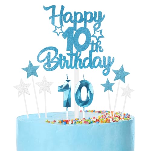 mciskin Happy 10th Birthday Kerzen Cake Toppers Set, Blaue Zahl 10 Kerze für Geburtstagskuchen, Geburtstagskerzen Kuchen Topper für Mädchen Jungen Geburtstag Dekorationen von mciskin