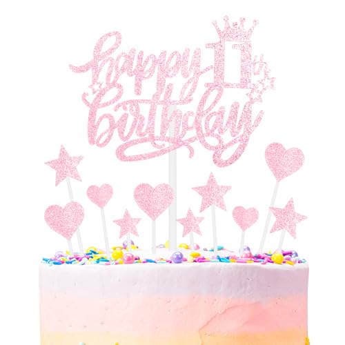 mciskin Happy 11th Birthday Cake Toppers, Pink Cake Cupcake Toppers for Cake, Glitter Heart Stars Cake Toppers, Birthday Gift, Personalised Cake Toppers for Women Girls 11th Birthday Cake Decorations von mciskin