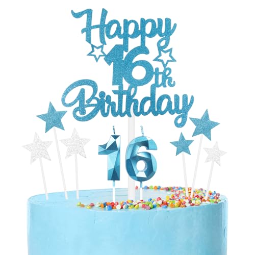 mciskin Happy 16th Birthday Kerzen Cake Toppers Set, Blau Zahl 16 Kerze für Geburtstagskuchen, Geburtstagskerzen Kuchen Topper für Mädchen Jungen Geburtstag Dekorationen, Blau Silber Stern Kuchen von mciskin