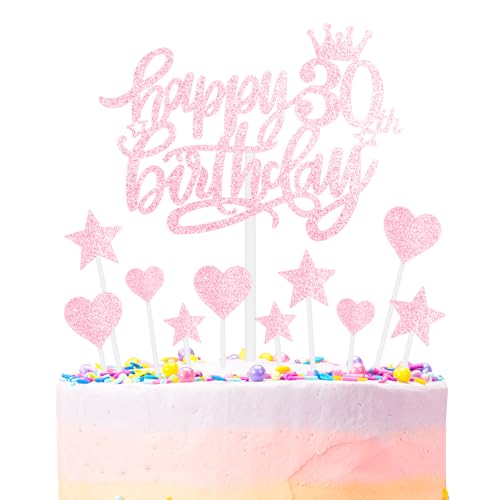 mciskin Happy 30th Birthday Cake Toppers, Pink Cake Cupcake Toppers for Cake, Glitter Heart Stars Cake Toppers, Birthday Gift, Personalised Cake Toppers for Women Girls 30th Birthday Cake Decorations von mciskin