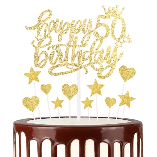 mciskin Happy 50th Birthday Cake Toppers, Gold Cake Cupcake Toppers for Cake, Glitter Heart Stars Cake Toppers, Birthday Gift, Personalised Cake Toppers for Women Girls 50th Birthday Cake Decorations von mciskin