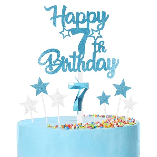 mciskin Happy 7th Birthday Kerzen Cake Toppers Set, Blau Zahl 7 Kerze für Kuchen, Geburtstagskerzen Kuchen Topper für Mädchen Jungen Geburtstag Dekorationen, Blau Silber von mciskin