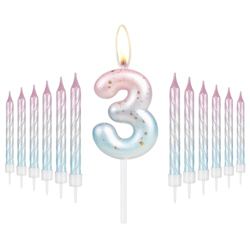 mciskin Kerze mit Zahl 3 für Geburtstagskuchen, bunte Kerzen für Mädchen und Jungen, Dekoration zum 3. Geburtstag, rosa und blau, Kuchenkerzen für Geburtstag, Party, Hochzeitstag von mciskin