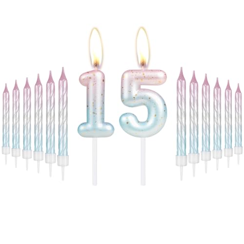 mciskin Kerzen-Set "Happy 15th Birthday" mit rosafarbener und blauer Spiralkerze für Kuchen, bunt, Kuchenaufsatz zum 15. Geburtstag, für Mädchen, Jungen, Geburtstagsparty, rosa und blau, Zahl 15, von mciskin