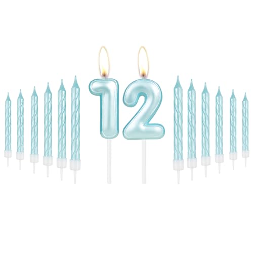 mciskin Kerzen Set zum 12. Geburtstag, blaue Spiralkerzen, Zahl 12 Kerzen, Tortenaufsätze für Kuchen, Geburtstagskerzen für Frauen/Männer, blaues Thema für Jungen und Mädchen, 12. Geburtstag von mciskin