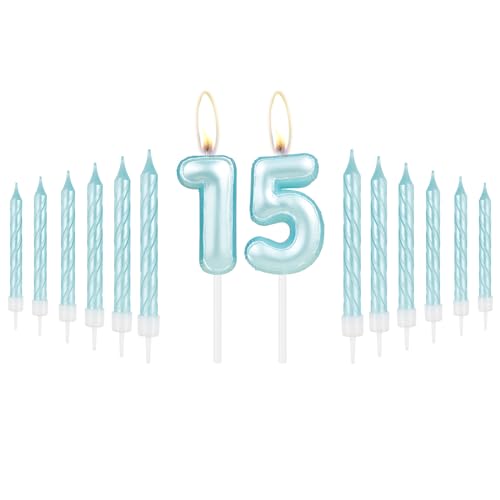 mciskin Kerzen Set zum 15. Geburtstag, blaue Spiralkerzen, Zahl 15 Kerzen, Tortenaufsätze für Kuchen, Geburtstagskerzen für Frauen/Männer, blaues Thema für Jungen Mädchen 15. Geburtstag Dekorationen von mciskin