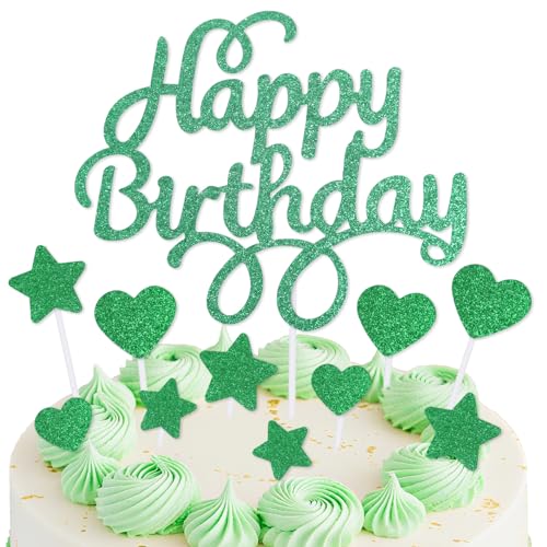 mciskin Kuchendekoration "Happy Birthday" für Kuchen, grüne Geburtstagsdekorationen, Mädchen und Jungen, personalisierte Kuchendekoration für Männer und Frauen, Glitzerkuchenaufsatz, Cupcake-Topper von mciskin