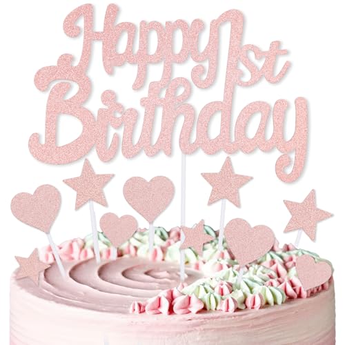 mciskin Kuchendekoration zum 1. Geburtstag, Dekoration für Mädchen, rotgoldene Kuchendekorationen, personalisierte Cupcake-Topper mit Herz-Stern für Mädchen und Frauen, Partyzubehör von mciskin
