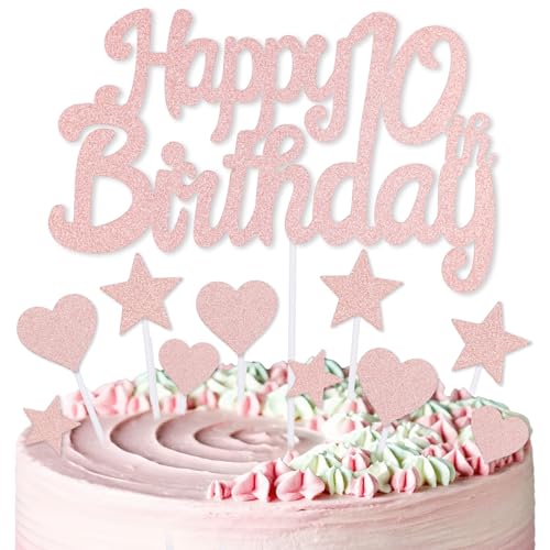 mciskin Kuchendekoration zum 10. Geburtstag, Dekoration für Mädchen, rotgoldene Kuchendekorationen, personalisierte Cupcake-Topper mit Herz-Stern für Mädchen und Frauen, Geburtstagsparty-Zubehör von mciskin