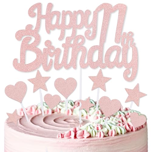 mciskin Kuchendekoration zum 11. Geburtstag, Dekoration für Mädchen, rotgoldene Kuchendekorationen, personalisierbare Cupcake-Topper mit Herz-Stern für Mädchen und Frauen, Geburtstagsparty-Zubehör von mciskin