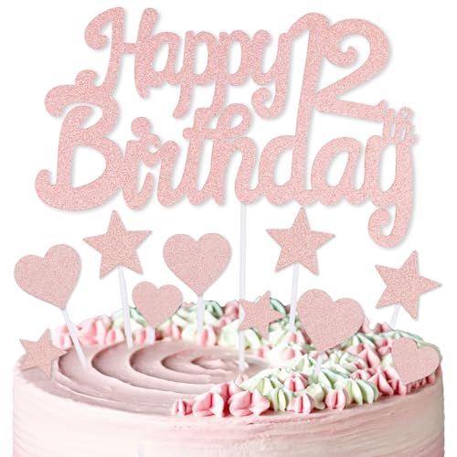 mciskin Kuchendekoration zum 12. Geburtstag, Dekoration für Mädchen, rotgoldene Kuchendekorationen, personalisierbare Cupcake-Topper mit Herz-Stern für Mädchen und Frauen, Geburtstagsparty-Zubehör von mciskin