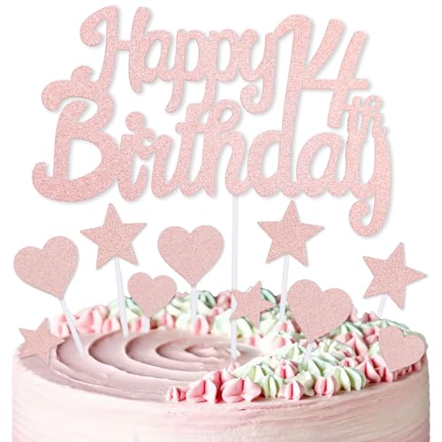 mciskin Kuchendekoration zum 14. Geburtstag, Dekoration für Jungen und Mädchen, rotgoldene Kuchendekorationen, personalisierbare Cupcake-Topper mit Herz-Stern für Mädchen und Frauen von mciskin