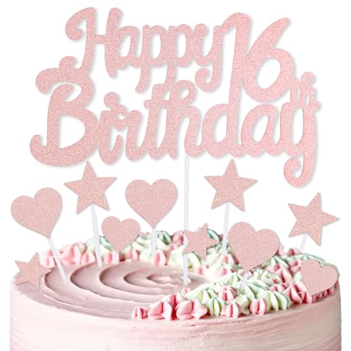 mciskin Kuchendekoration zum 16. Geburtstag, Dekoration für Jungen und Mädchen, rotgoldene Kuchendekorationen, personalisierbare Cupcake-Topper mit Herz-Stern für Mädchen und Frauen von mciskin
