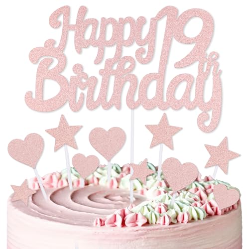 mciskin Kuchendekoration zum 19. Geburtstag, Dekoration für Jungen und Mädchen, rotgoldene Kuchendekorationen, personalisierbare Cupcake-Topper mit Herz-Stern für Mädchen und Frauen von mciskin