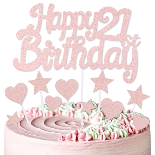 mciskin Kuchendekoration zum 21. Geburtstag, Dekoration für Jungen und Mädchen, rotgoldene Kuchendekorationen, personalisierbare Cupcake-Topper mit Herz-Stern für Mädchen und Frauen, Partyzubehör von mciskin