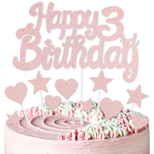 mciskin Kuchendekoration zum 3. Geburtstag, Dekoration für Mädchen, rotgoldene Kuchendekorationen, personalisierbare Cupcake-Topper mit Herz-Stern für Mädchen und Frauen, Partyzubehör von mciskin