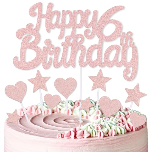 mciskin Kuchendekoration zum 6. Geburtstag, Dekoration für Mädchen, rotgoldene Kuchendekorationen, personalisierbare Cupcake-Topper mit Herz-Stern für Mädchen und Frauen, Partyzubehör von mciskin