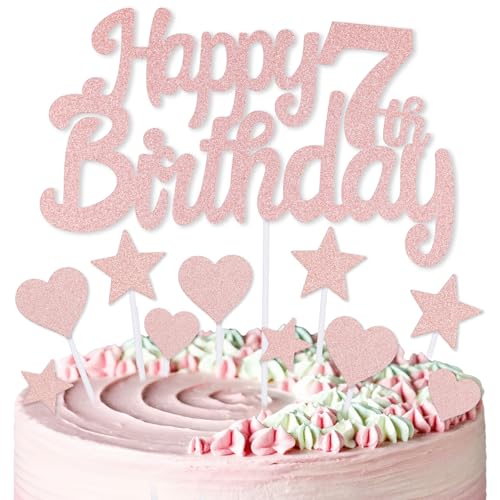 mciskin Kuchendekoration zum 7. Geburtstag, Dekoration für Mädchen, rotgoldene Kuchendekorationen, personalisierbare Cupcake-Topper mit Herz-Stern für Mädchen und Frauen, Partyzubehör von mciskin
