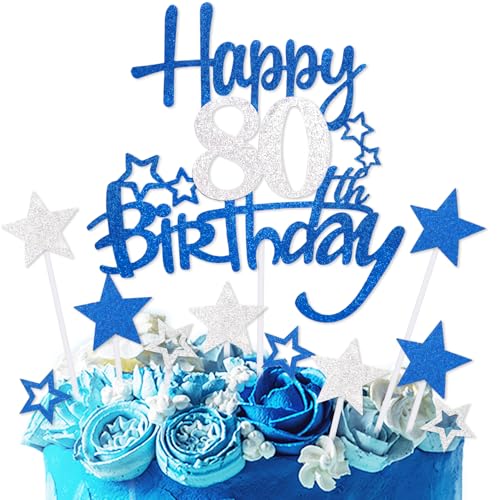 mciskin Kuchendekoration zum 80. Geburtstag, Dekoration für Männer, personalisierbar, königsblau, glitzernd, Stern-Cupcake-Topper für Mädchen, Jungen, Frauen, Männer, Party-Dekorationen von mciskin