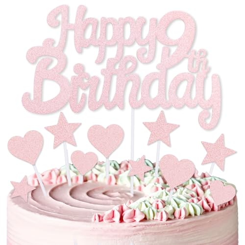 mciskin Kuchendekoration zum 9. Geburtstag, Dekoration für Mädchen, Roségold-Kuchendekorationen, personalisierbare Cupcake-Topper mit Herz-Stern für Mädchen und Frauen, Partyzubehör von mciskin