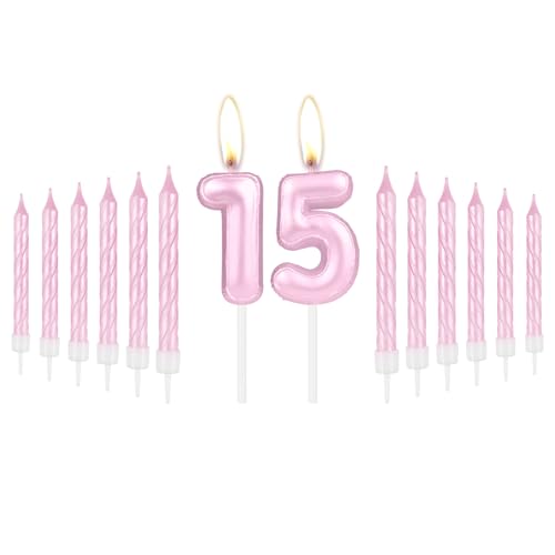 mciskin Mädchen 15 Geburtstag Kerzen Set, Rosa Spiralkerzen, Zahl 15 Kerzen Kuchen Cupcake Topper für Kuchen, Geburtstagskerzen für Frauen, Rosa Thema für 15. Geburtstag Dekorationen Hochzeitstag von mciskin
