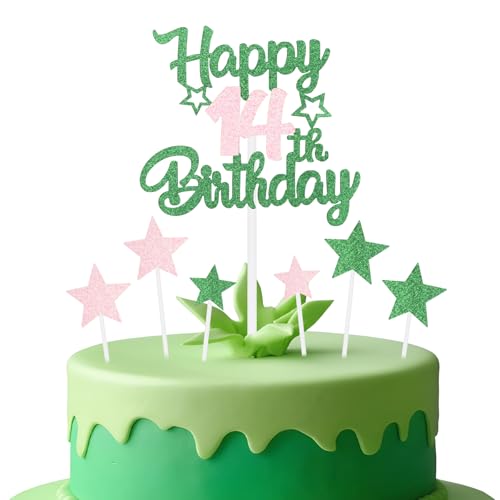 mciskin Rosa und grüne Party-Dekorationen, für Mädchen zum 14. Geburtstag, personalisierbar, glitzernd, rosa und grün, Happy Birthday-Kuchenaufsätze für Mädchen, Partyzubehör mciskin Rosa und grüne Party-Dekorationen, für Mädchen zum 14. Geburtstag, personalisierbar, glitzernd, rosa und grün, Happy Birthday-Kuchenaufsätze für Mädchen, Partyzubehör von mciskin