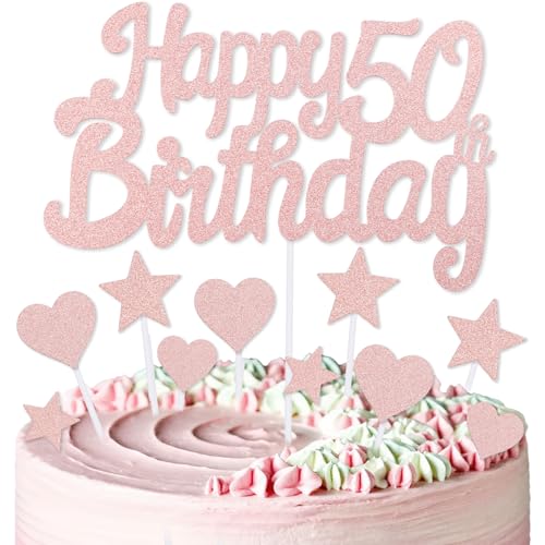 mciskin Roségoldene Kuchendekoration zum 50. Geburtstag, Dekoration für Frauen, rotgoldene Kuchendekorationen, personalisierbare Cupcake-Topper mit Herz-Stern für Mädchen und Frauen von mciskin