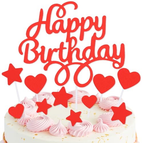 mciskin Rote Happy Birthday-Kuchendekoration für Kuchen, rote Geburtstagsdekorationen, Mädchen und Frauen, personalisierte Kuchendekoration für Mädchen und Frauen, glitzernde Kuchendekoration für von mciskin