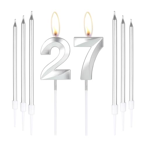 mciskin Silberne Kuchen-Kerzen zum 27. Geburtstag, Zahl 27 Kerzen mit 6 Langen Kerzen, Party-Kerzen für Kuchen, Silberne Kerzen, Kuchenaufsätze für Jungen, Mädchen, Männer, Fraue von mciskin