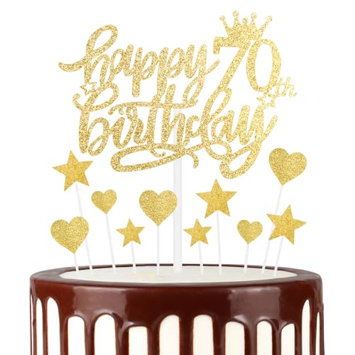 mciskin Tortenaufsätze "Happy 70th Birthday", goldene Kuchendekoration für Kuchen, glitzerndes Herz, Sterne, Kuchenaufsätze, Geburtstagsgeschenk, personalisierte Kuchendekorationen für Frauen und von mciskin